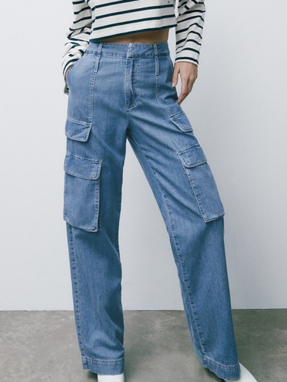 Frame Relaxed Straight Cargo Denim Jeans Wide Leg High Rise Blue Rhythm 30